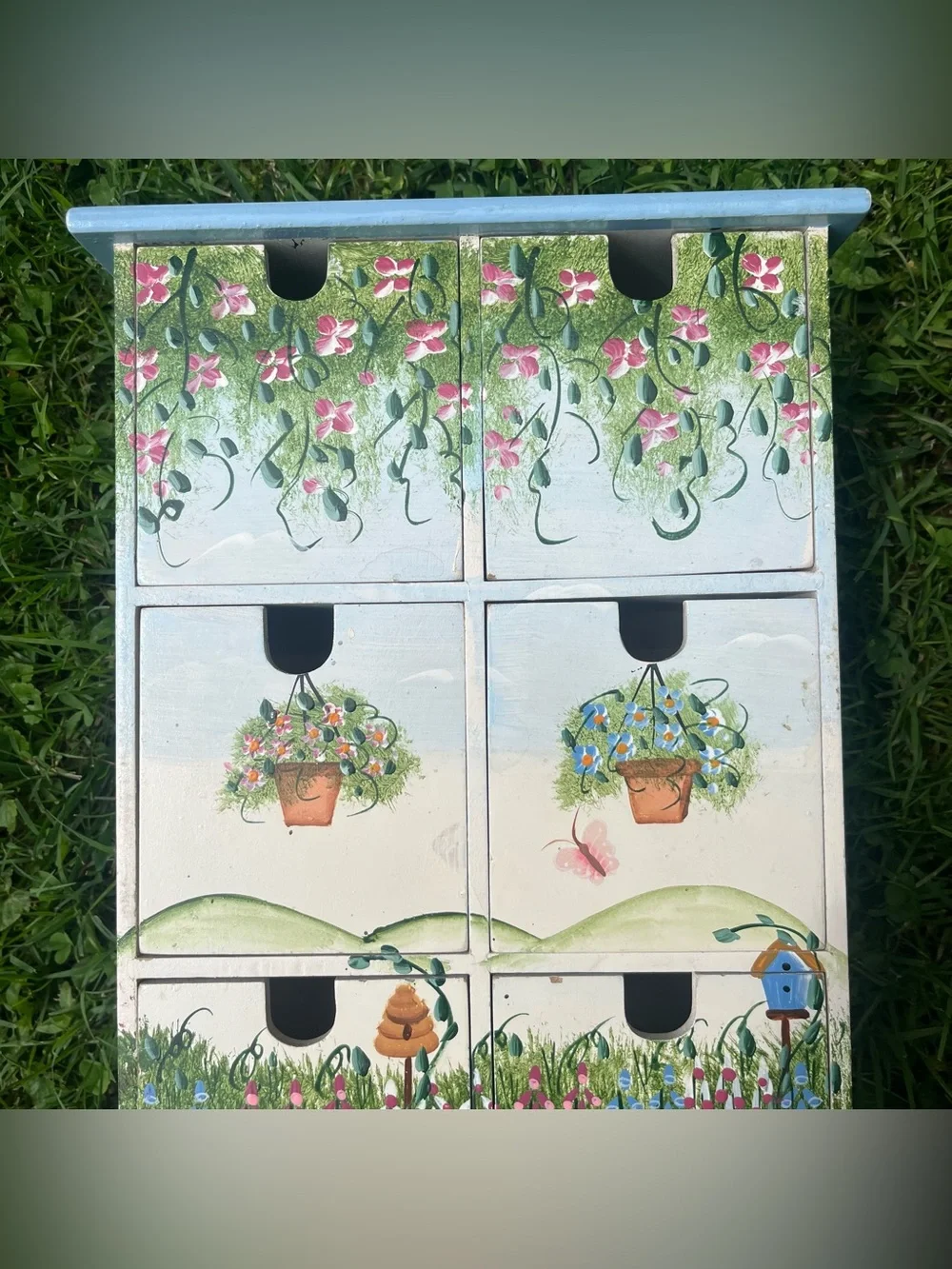 Vintage Hand Painted Wooden 6 Drawer Chest Jewelry BoxCottage Floral Scene Decor